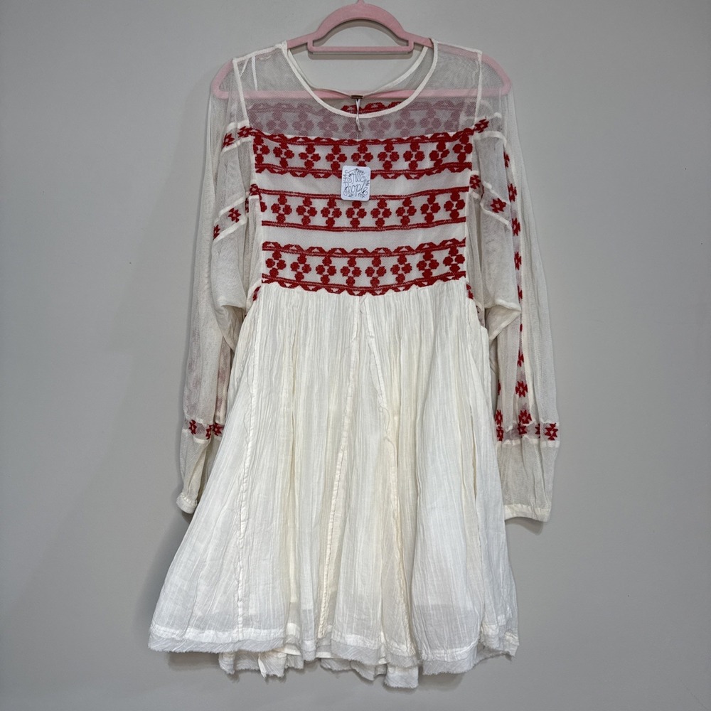 NWT Free People Women Need Me Mini Flowy Dress Ivory Long Sleeve Red Embroidery